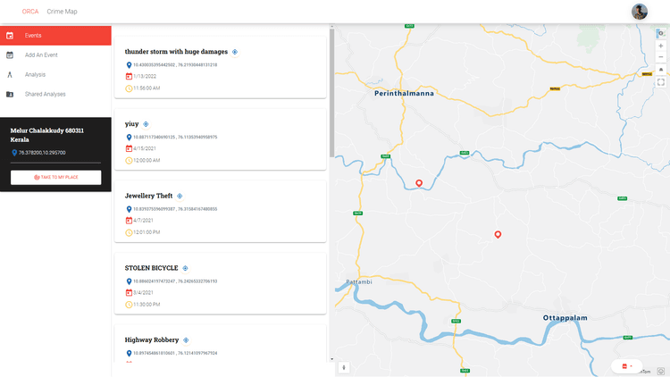 snapshot of crimemap events page