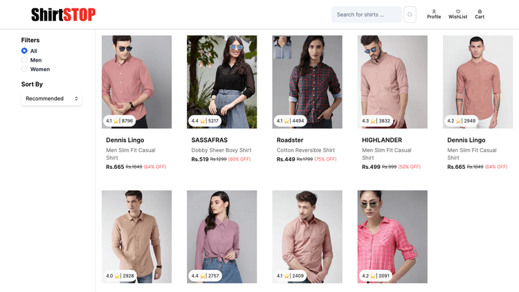 snapshot of shirtstop homepage
